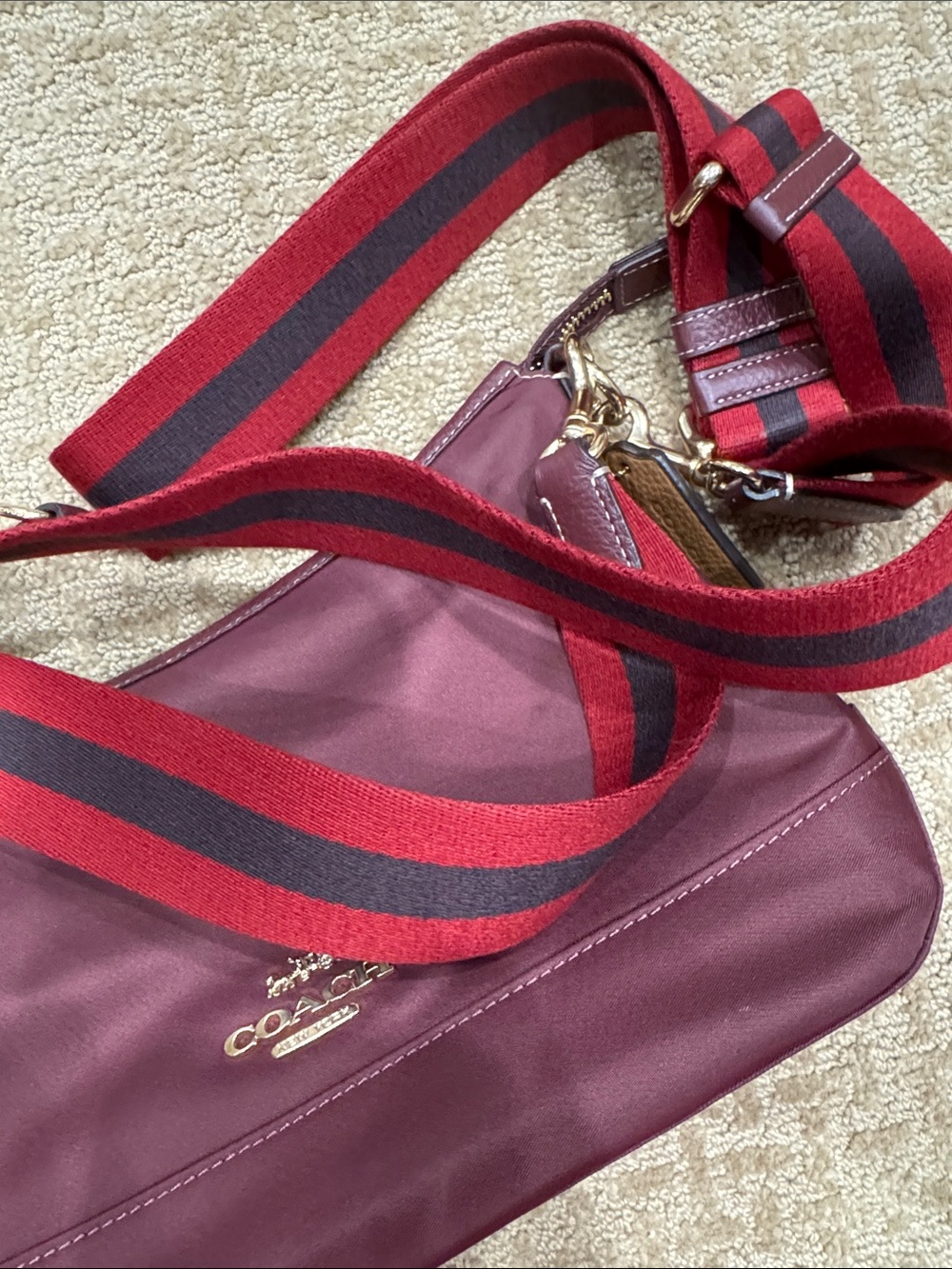 Coach Maroon Nylon Crossbody with Stripe Straps
